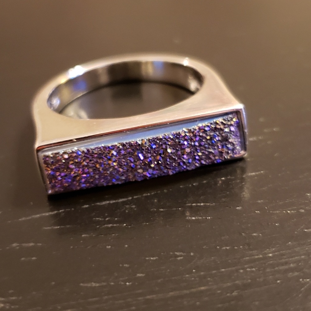 Purple Druzy Rectangular Silver Ring - image 1